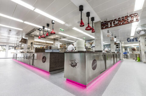 Stock Küche1 Moderne Gastronomieküche der FHE GASTRO mit Edelstahlfronten und Steinoberflächen, pinkfarbiger LED-Beleuchtung im Sockel und roten Wärmelampen an der Decke. Im Hintergrund befinden sich weitere Küchengeräte und Arbeitsbereiche.