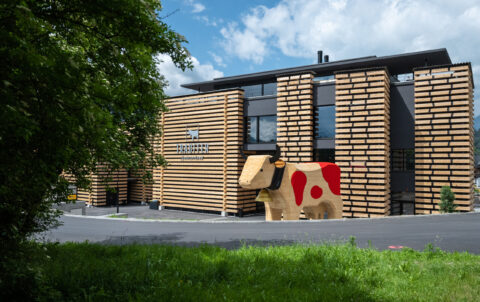 ts_bretterhotel_v1_ab-2133 (1) Fassadenansicht des Bretterhotels mit modernen Holzverkleidungen und einer markanten Skulptur einer Kuh im Vordergrund. Das innovative Design des Hotels zieht Besucher mit einer Kombination aus traditionellem Charme und moderner Architektur an.