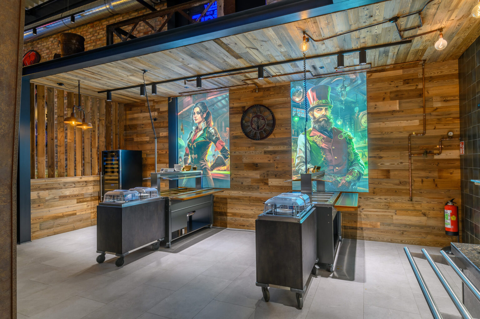 Ein stilvoller Gastronomiebereich mit einer Theke und Steampunk-inspirierten Dekorelementen. Die Einrichtung umfasst moderne Gastronomiemöbel, die von FHE GASTRO geliefert wurden, um eine einzigartige Atmosphäre in Bars und Restaurants zu schaffen. Die Theke ist mit hochwertigen Geräten ausgestattet und eignet sich ideal für die Gastronomie.