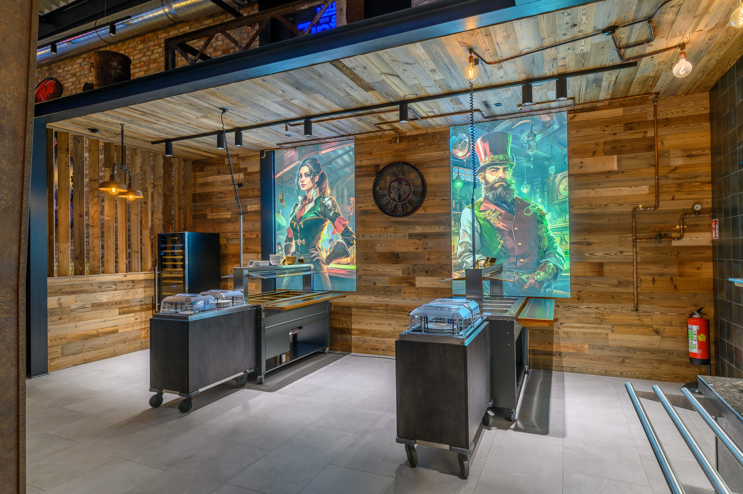 Ein stilvoller Gastronomiebereich mit einer Theke und Steampunk-inspirierten Dekorelementen. Die Einrichtung umfasst moderne Gastronomiemöbel, die von FHE GASTRO geliefert wurden, um eine einzigartige Atmosphäre in Bars und Restaurants zu schaffen. Die Theke ist mit hochwertigen Geräten ausgestattet und eignet sich ideal für die Gastronomie.