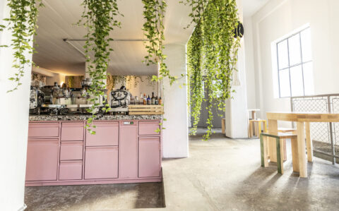 Stahlsilo Zürich (1) Moderne Gastronomie-Küche von FHE GASTRO mit pinkfarbenen Küchenschränken und einer eleganten Theke aus Terrazzo-Material. Die Küche ist mit professionellen Kaffeemaschinen und Barzubehör ausgestattet. Über der Theke hängen dekorative Pflanzen, die eine entspannte Atmosphäre schaffen. FHE GASTRO bietet maßgeschneiderte Lösungen für Gastronomiebetriebe und liefert hochwertige Möbel und Geräte.